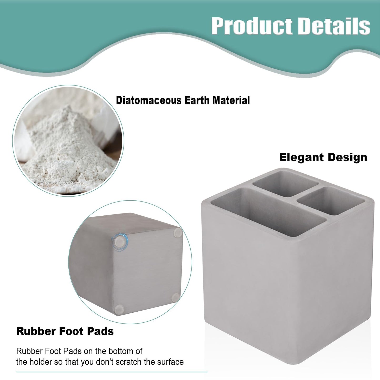 Diatomite Toothbrush Holders for Bathrooms, Electric Toothbrush and Toothpaste Holder 3 Slots Tooth Brush Organizer for Bathroom Countertop, Shower, Vanity - Dark Gray