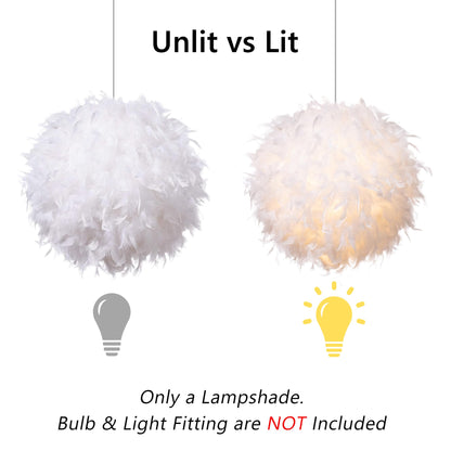 Waneway 40cm White Feather Ceiling Pendant Light Shade, Non-Electrical Lampshade for Floor Lamp and Table Lamp with Shade Reducing Ring for Living Room, Dining Room and Bedroom, ID 30cm, OD 40cm