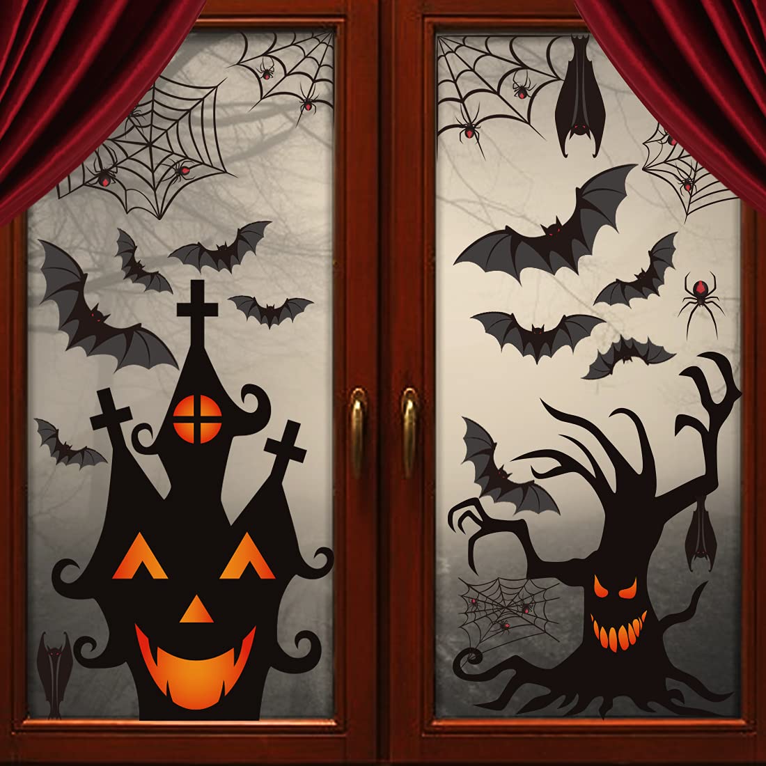 LOAVER 90 Pieces Halloween Window Clings Static Window Stickers with PVC Bats Spider Web Window Decals for Halloween Party Decoration Favors Supplies