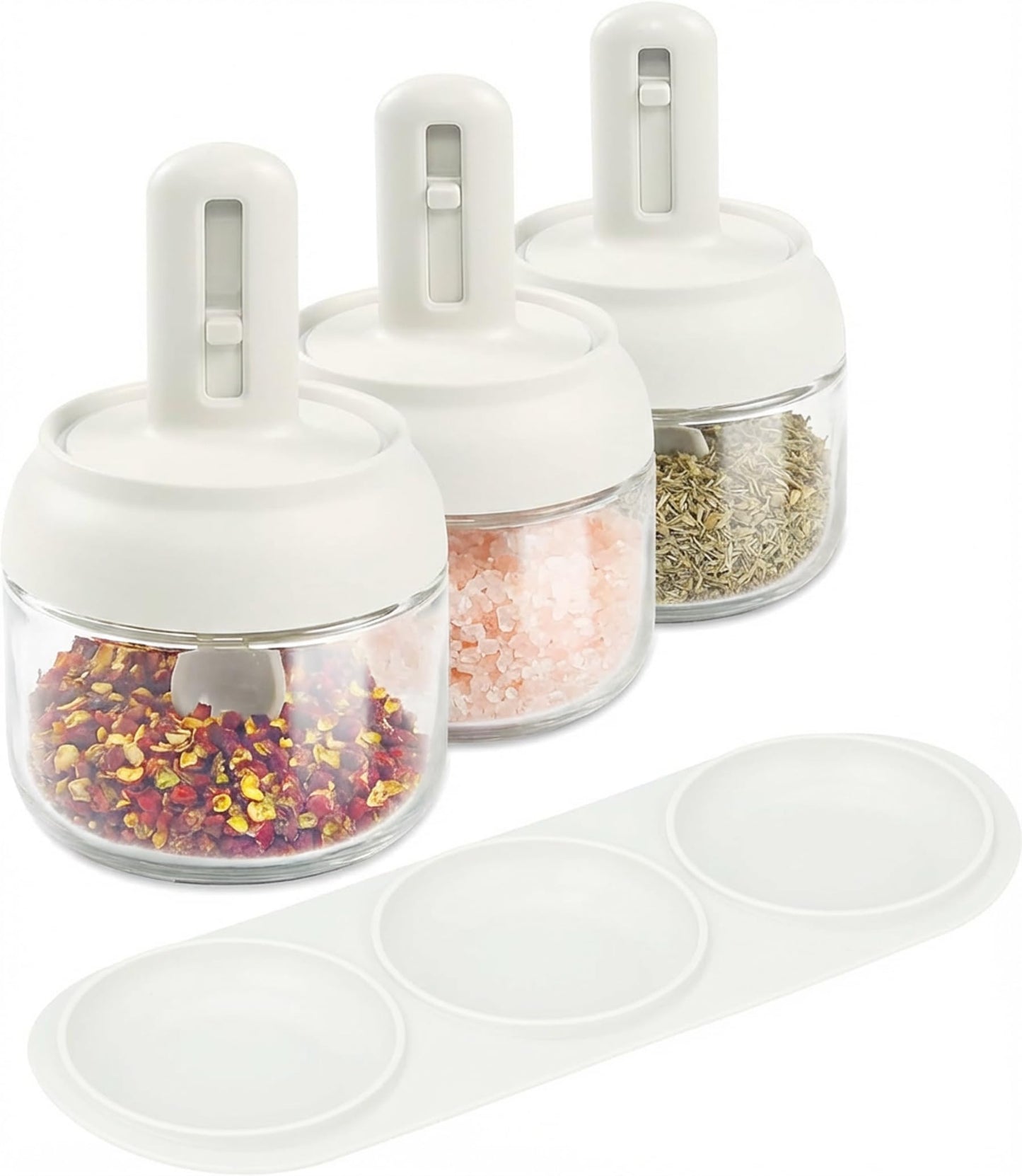 Povinmos® 3 Piece Glass Salt Container | Storage | Pepper,Table Salt, Sugar,Gourmet Salts,Spice |Chili Herbs |10 oz |Glass Salt Container with Lid and Retractable Spoon