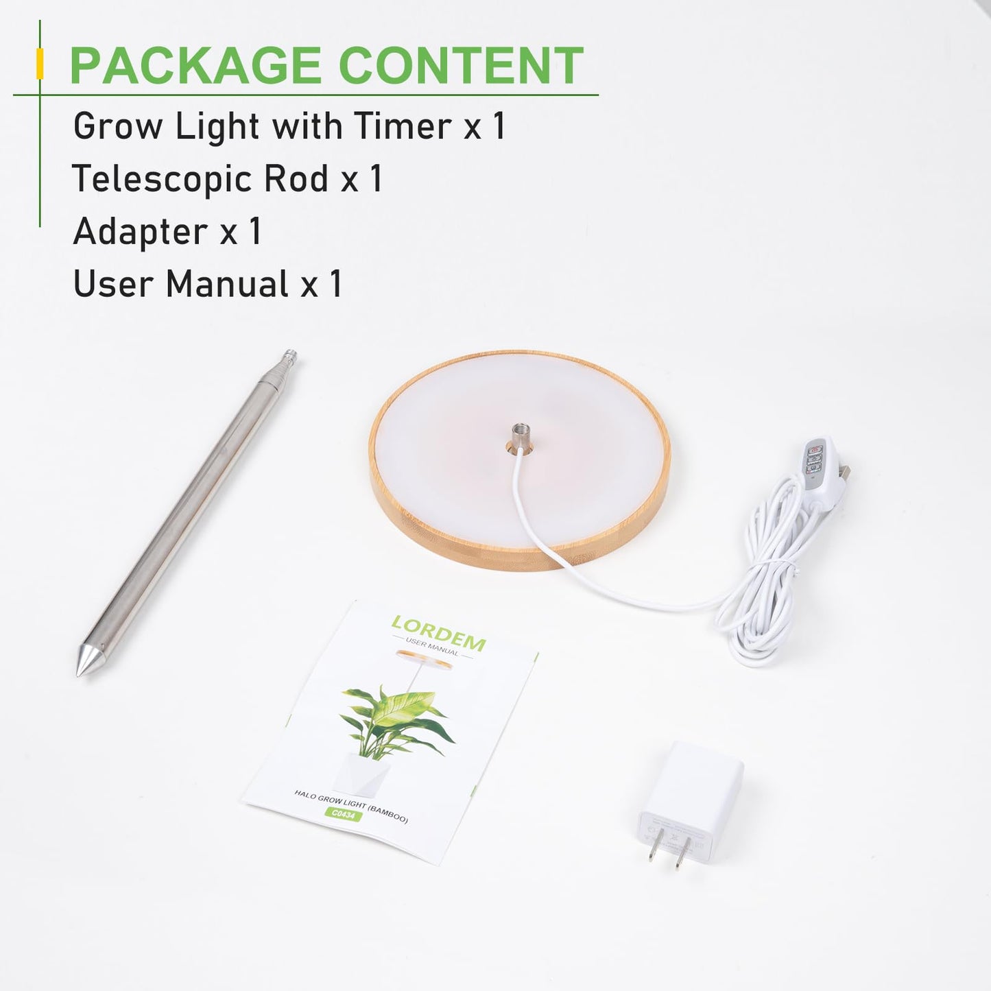 LORDEM Bamboo Grow Light, Full Spectrum LED Plant Grow Light, Height Adjustable Growing Lamp with Auto Timer 4H/8H/12H, 4 Dimmable Levels, Ideal for Large Tall Plants