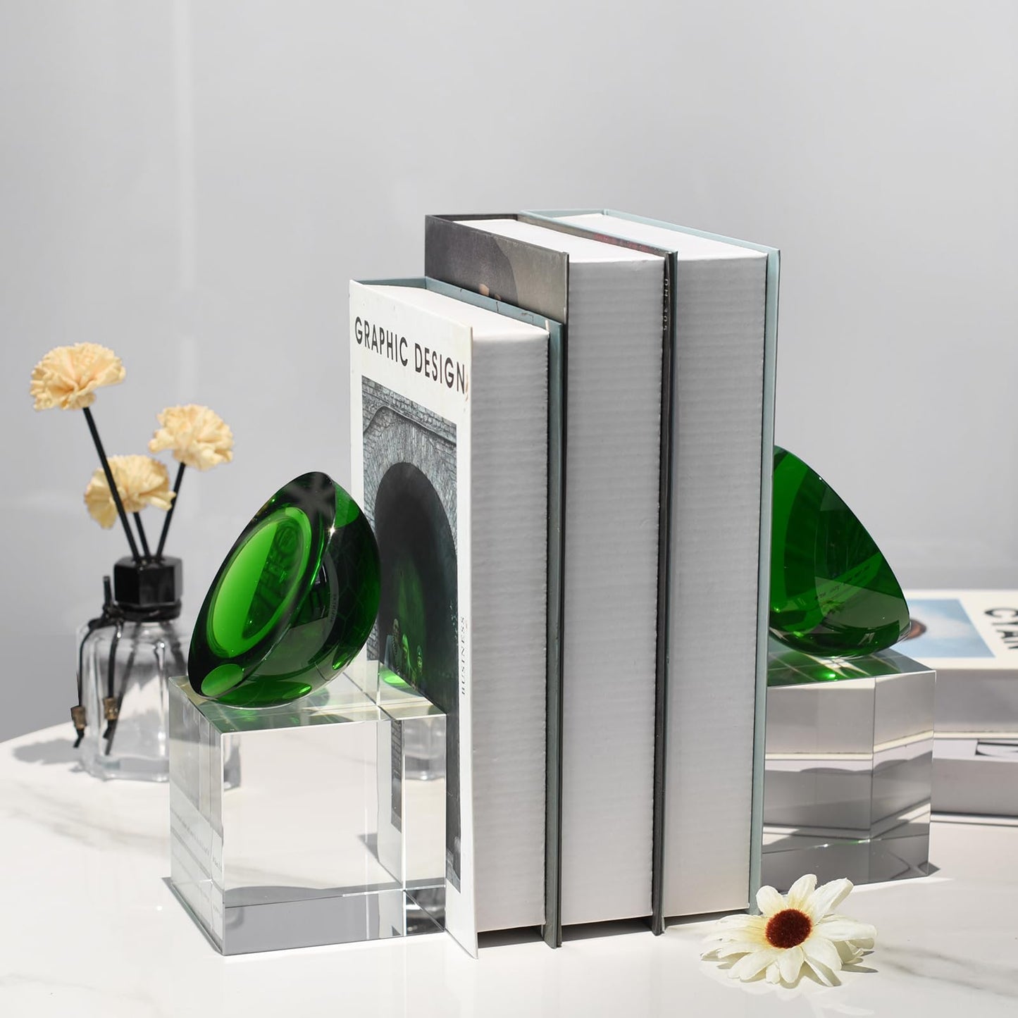Kitcom Handmade Crystal Bookends Green, 1 Pair of Decorative Tabletop Bookends for Office, Home, Desk, Comes with Gift Box