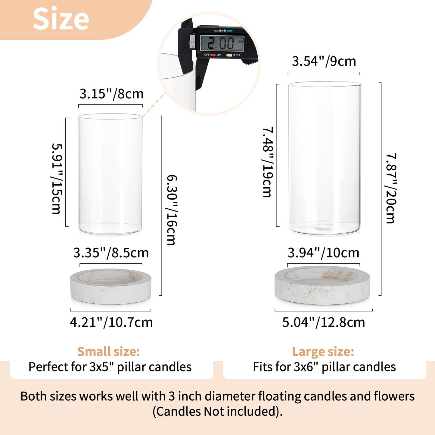 NUPTIO Hurricane Candle Holder for Wedding: Glass Cylinder Vase with Distressed White Wood Plate - Set of 2 Tall Pillar Candles Holder for Christmas Thanksgiving Holiday Decoration