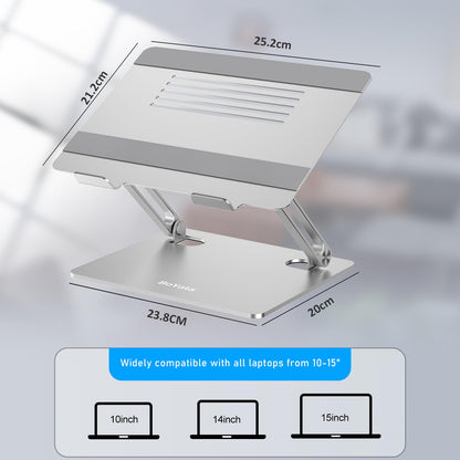 BoYata Laptop Stand, Adjustable Laptop Riser with Slide-Proof Silicone and Protective Hooks, Aluminum Notebook Stand for Laptop up to 15 Inches, Laptop Holder Compatible for MacBook (Silver-2)