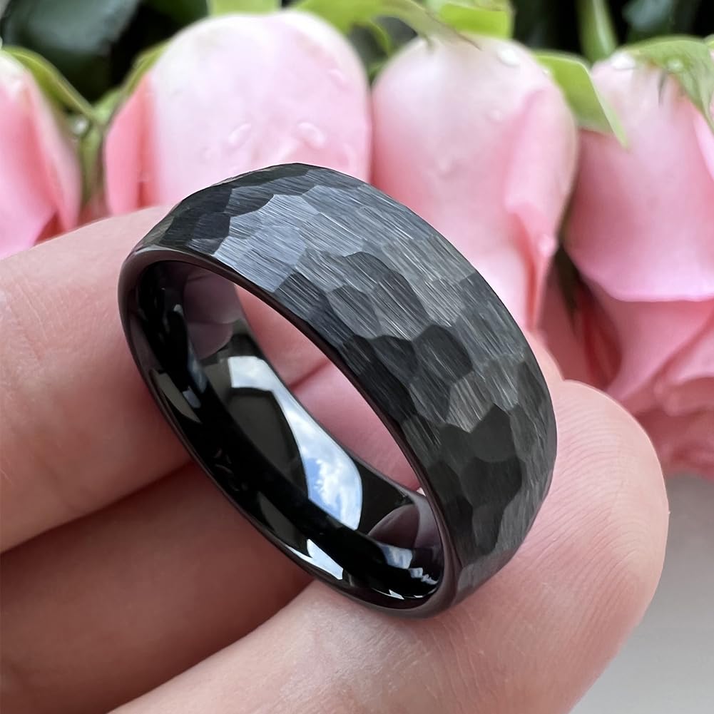 TUTISS 8mm Black Hammered Tungsten Carbide Rings for Men Women Engagement Wedding Bands Domed I Love You Engraved Comfort Fit Size 8
