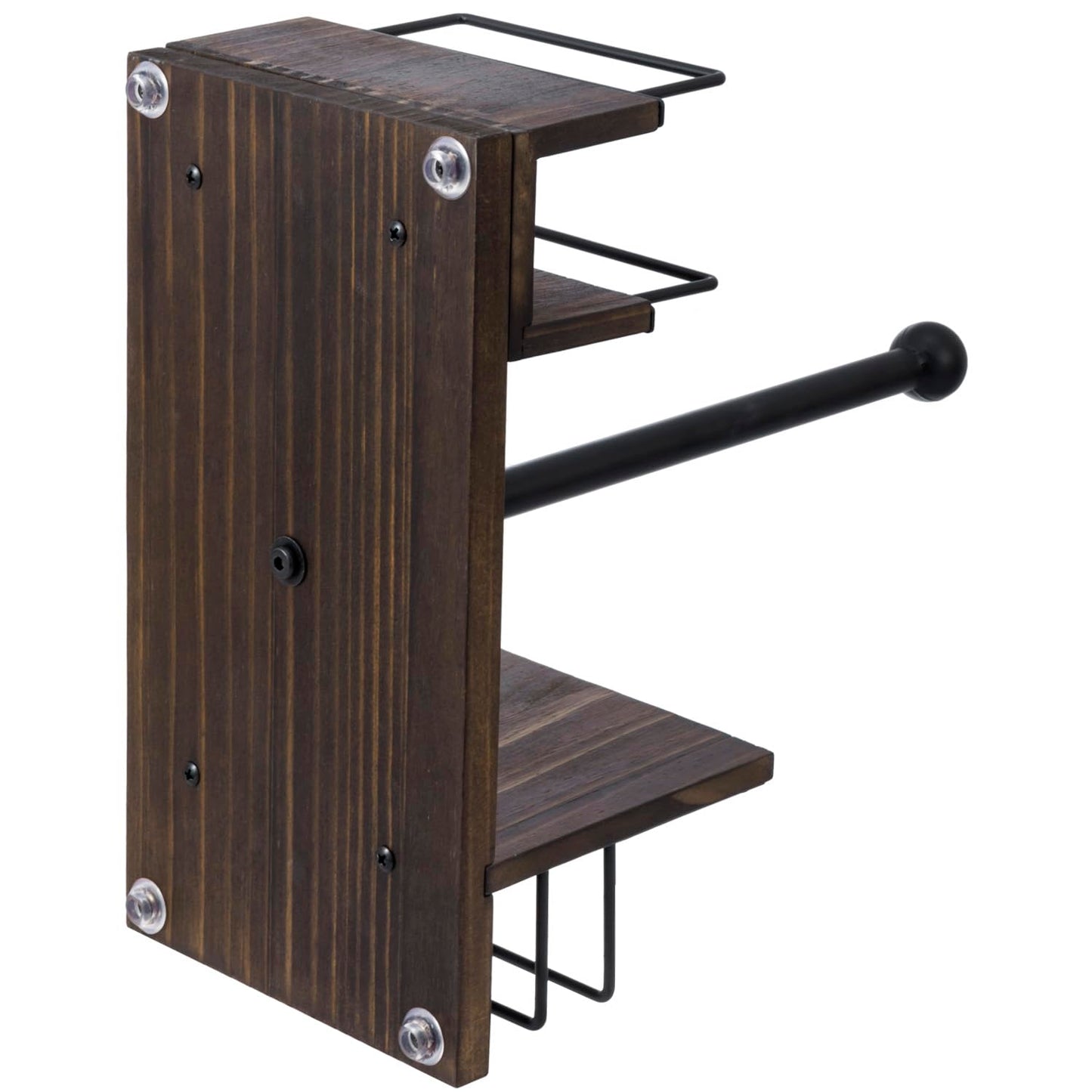 MyGift Rustic Burnt Solid Wood and Industrial Matte Black Metal Dining Combination Caddy with Paper Towel Roll Dispenser Stand, Napkin Holder, and Spice Rack