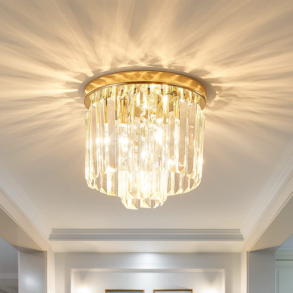 Gopmmy Modern Ceiling Light Crystal Chandelie,2-Tier French Gold Flush Mount Pendant Lighting Fixture for Kitchen Island Light Living Room Bedroom (3-Lights)
