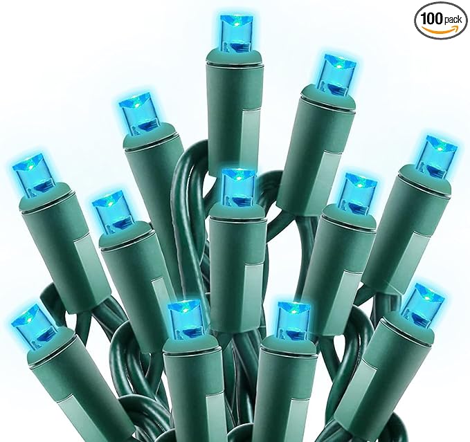 50ft 100 Counts Aqua LED Christmas Lights - Outdoor, Commercial Grade, Waterproof, Green Wire, Xmas, IP65, UL Listed