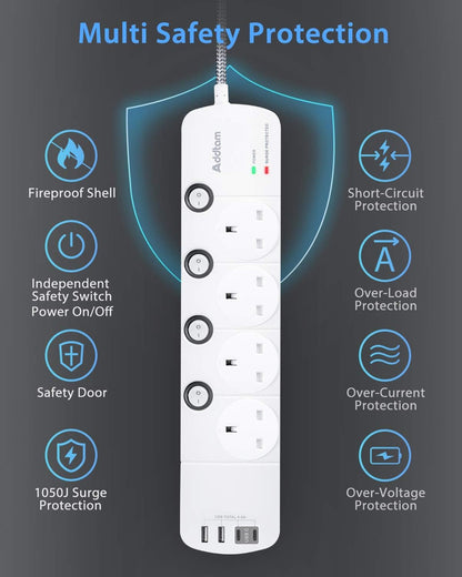 1.8M Extension Lead, 4 Way Socket Outlets Power Strips with 4 USB (2 Type C & 2 USB A), 1050J Surge Protection Multi Plug Extension with Braided Extension Cable for Home, Office, Individually Switched