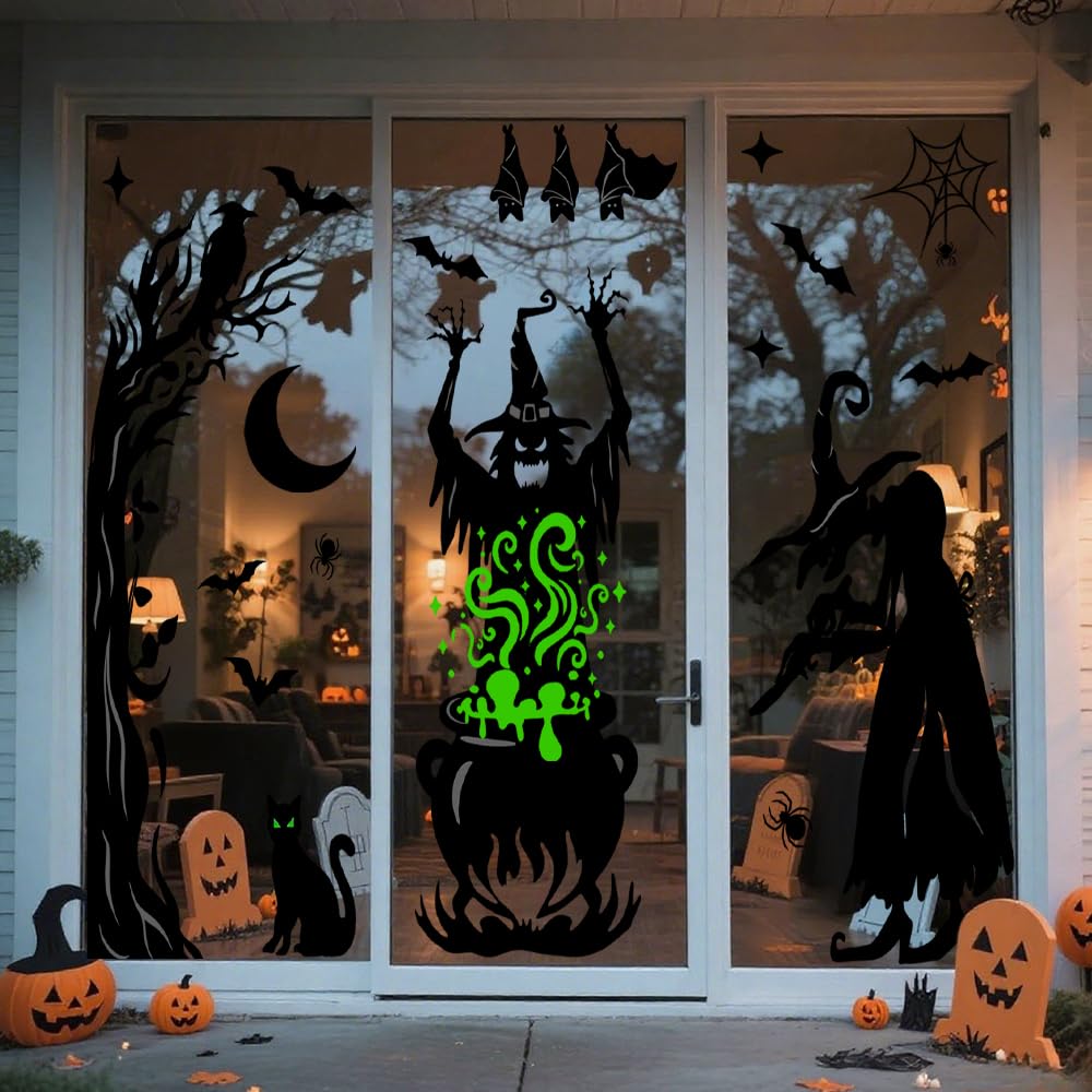 Vellibring Halloween Window Clings Decorations,Extra Large Double-Sided Reusable Decals Halloween Witches Bat Silhouette Stickers for Home Office School Glass Window Decor
