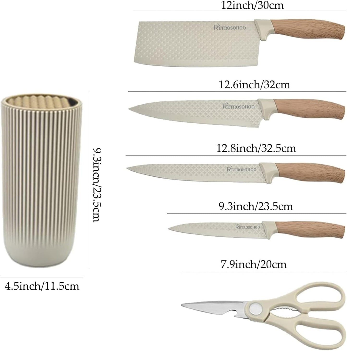 Kitchen Knife Set, Retrosohoo 6-Pieces Khaki Sharp Knife Set for Kitchen, Non-stick Non-slip Stainless Steel Chef Knife Set with Universal Knife Block Suitable for Home Restaurant (Khaki)