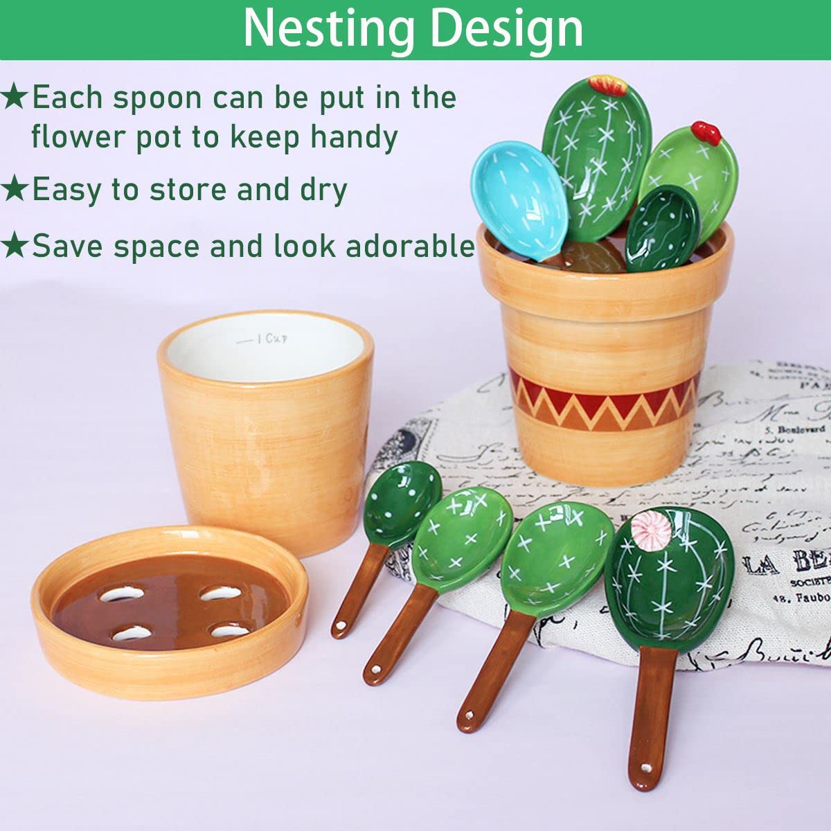 Cactus Measuring Spoons Set in Pot Unique Measuring Cups and Spoons for Coffee Salt Sugar Novelty Cute Baking Gifts Dishwasher Safe Ceramic Measuring Spoons Green