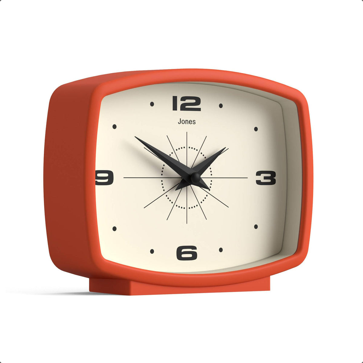 JONES CLOCKS® Film Desk Clock | Retro Rectangular Design | Orange | Retro Design, Blending mid-Century Style with a Punchy Modern Finish for Shelf, Table, Mantel or Bedside