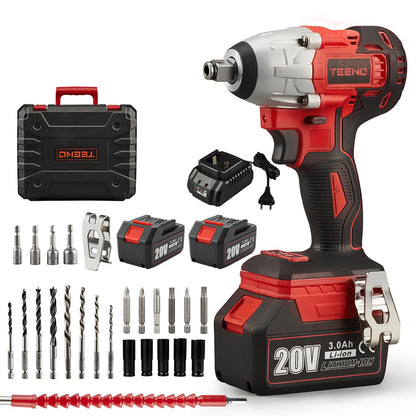 TEENO 20V Brushless Lithium-Ion Impact Wrench,2×3.0Ah Batteries, Charger, 3pcs Sockets, 1/2 Inch, 320NM