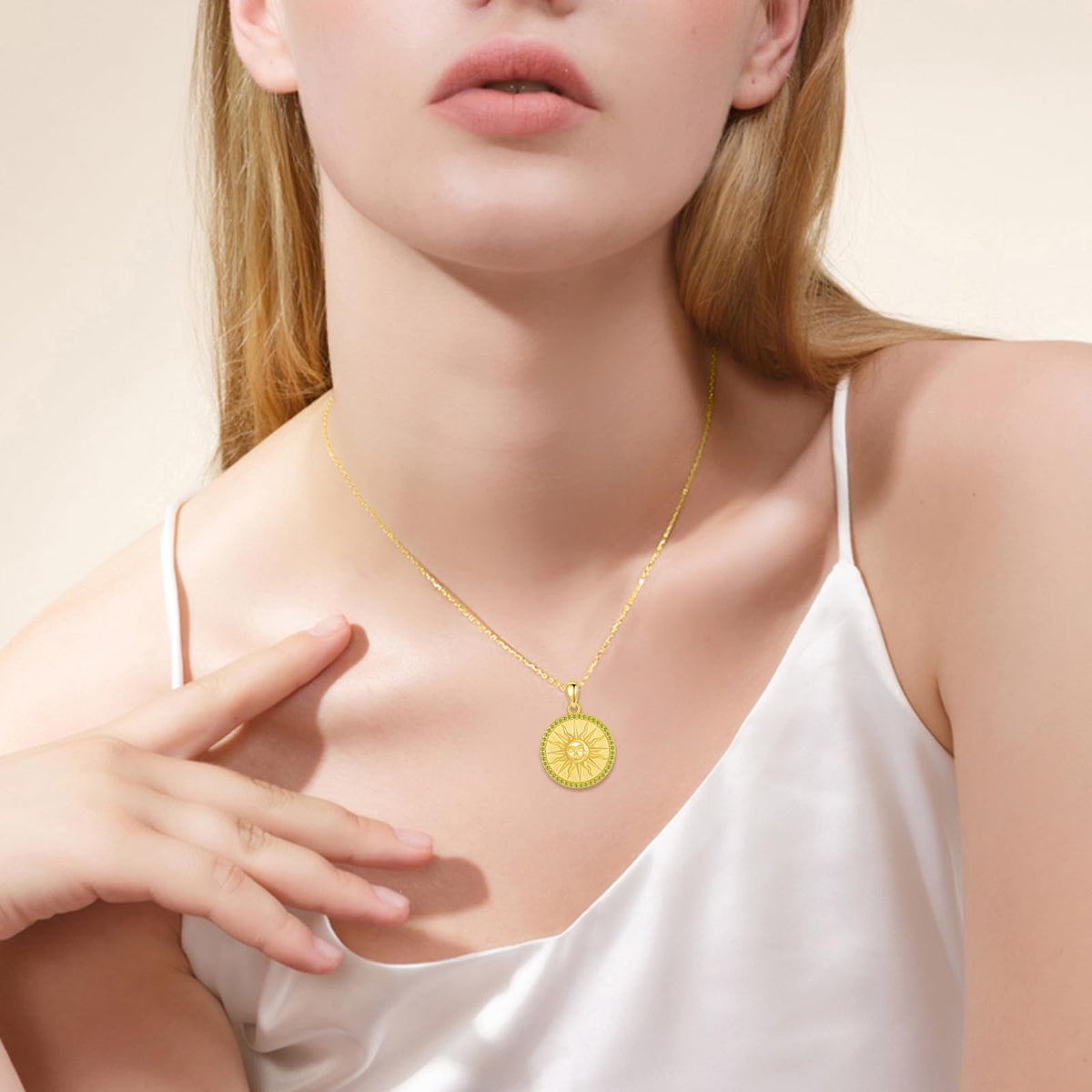 KQF Sun Coin Necklaces for Women Birthstone Jewelry Gift Sterling Silver Sun 18K Gold Plated Pendant August Jewelry Gift for Mom