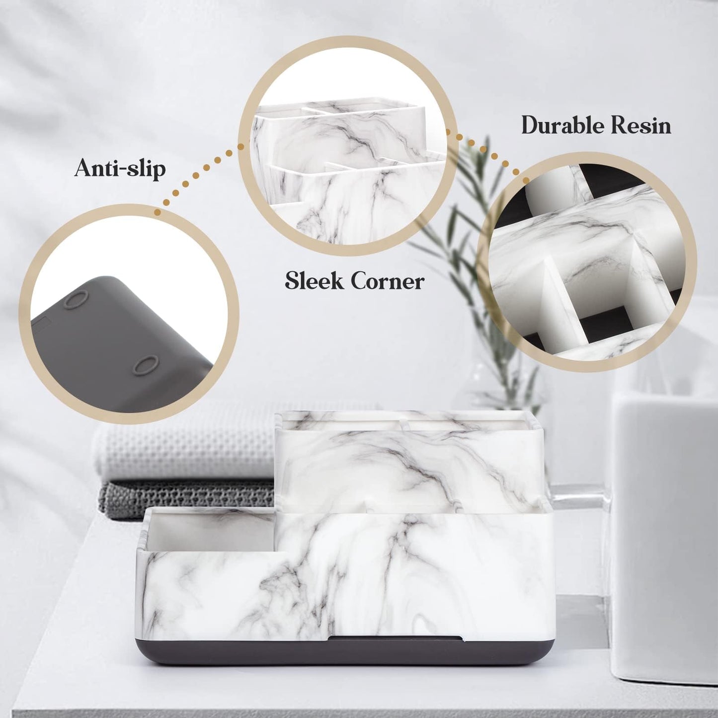 Detachable Toothbrush and Toothpaste Holder for Bathroom Countertop, Large Bathroom Organizer Storage Anti-Slip for Shower, Kitchen, Kids, Family, Multifunction Toothbrush Holders Marble Silver