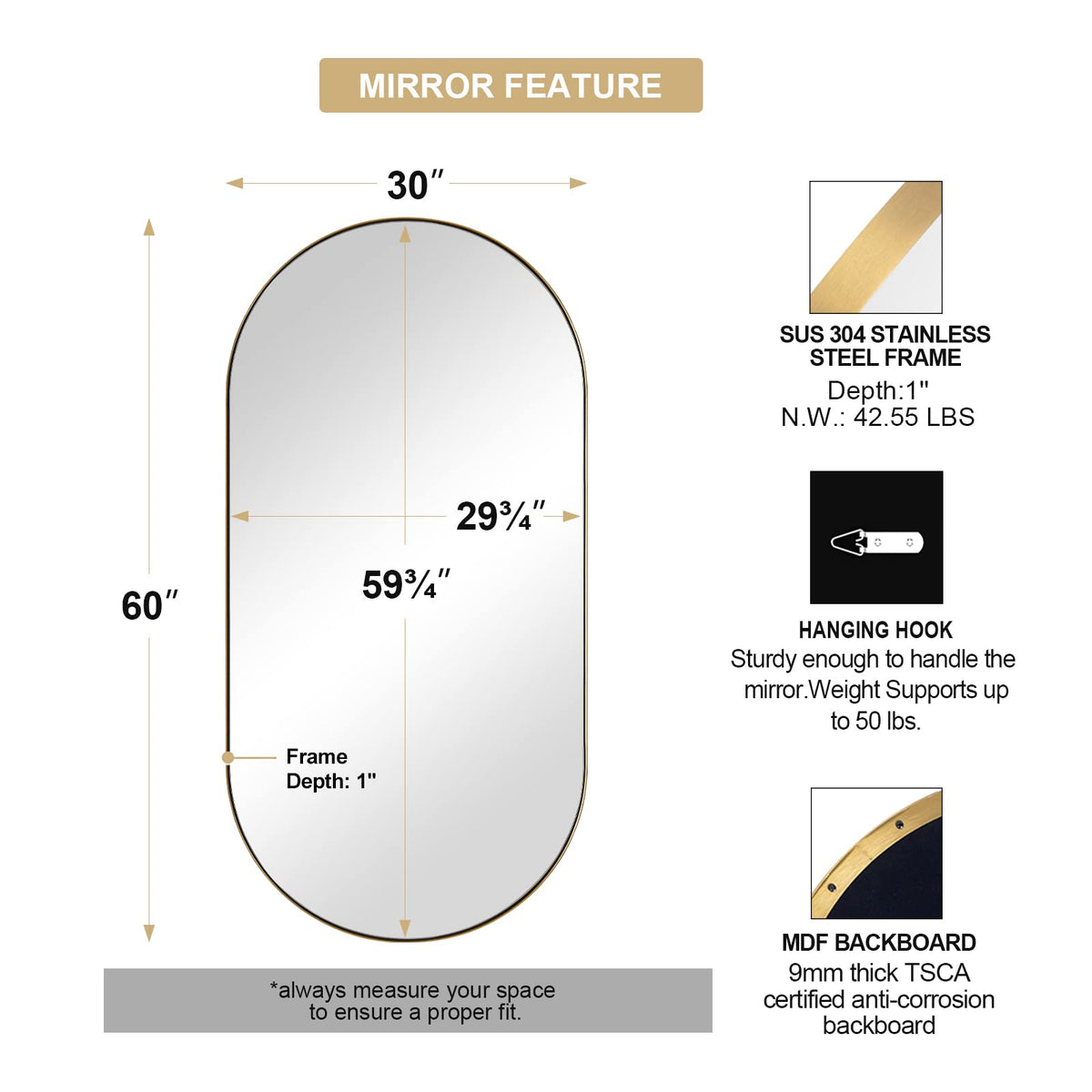 ANDY STAR Gold Bathroom Mirror 60 x 30 Inch, Full Length Mirror, Oval Vanity Mirror, Pill Shaped Mirror in Stainless Steel 1’’ Deep Wall Mounted Vertical/Horizontal