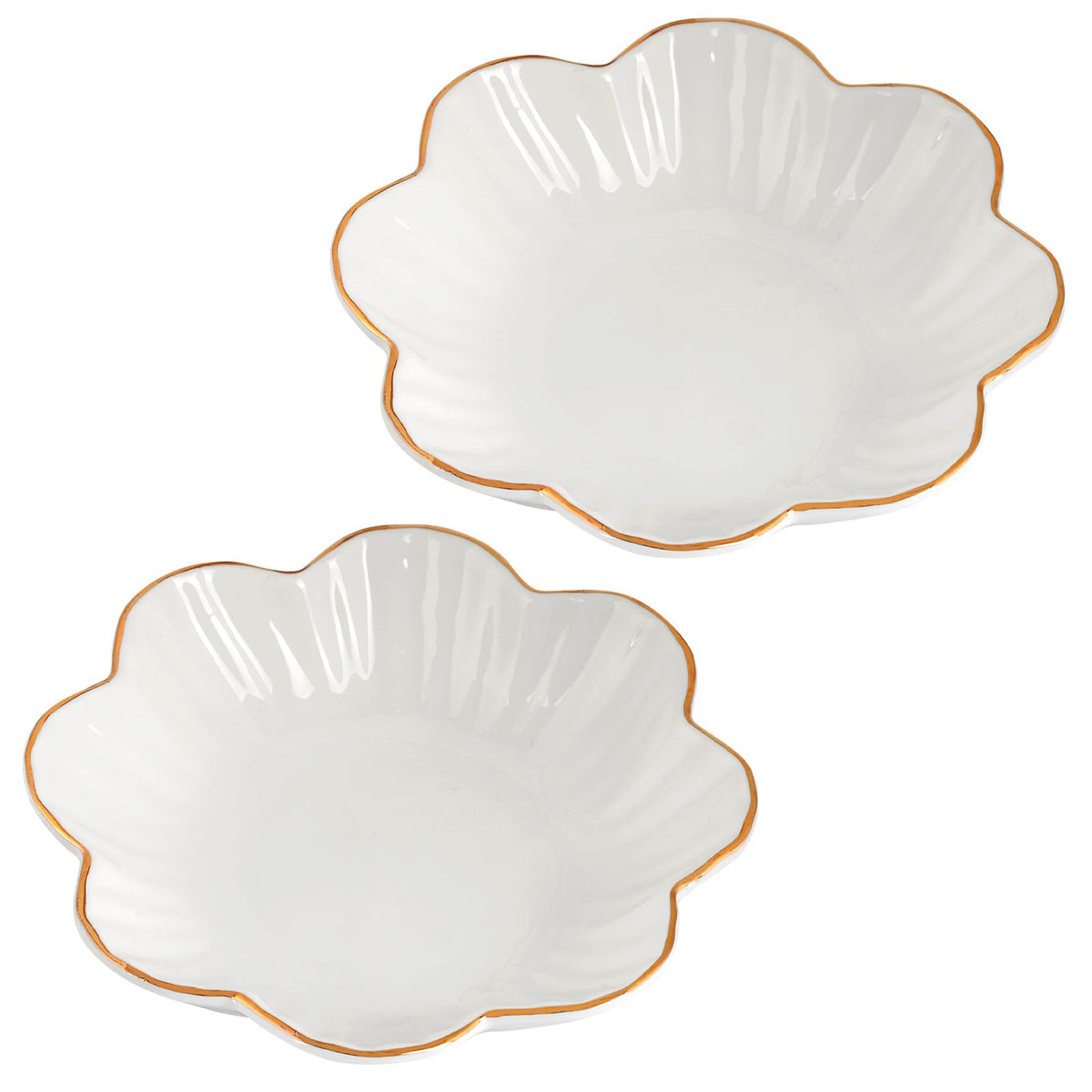 VanEnjoy 2 Pcs 6 Inch Ceramic Candy Dish - White Decorative Bowl With Golden Flower Rim for Office, Wedding, Party, Home - Porcelain Serving Bowl for Snacks, Fruit