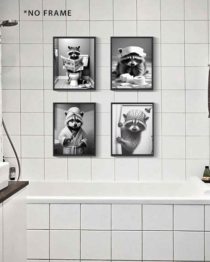 XUCVSPANTING Funny Raccoon Washroom Wall Art,Cut Bathroom Raccoon Sitting on Toilet Reading Newspaper Shaving&Paper Toilet Paper on Head Canvas Posters for Bathroom Washroom Restroom Home Decor