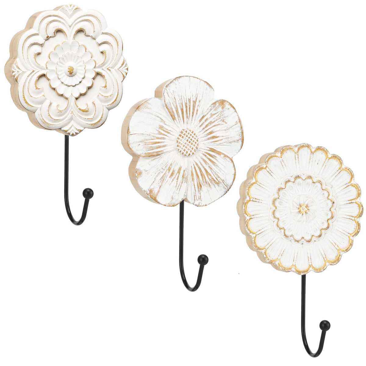 Novabright 3 Pcs Boho Wooden Wall Hooks, White Distressed Flower Decorative Wall Mounted Hooks for Bathroom, Entryway, Bedroom, Hanging Towels, Keys, Hats, Coats