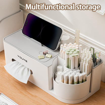Aiabaleaft Multifunctional Organizer Rotating Brush Holder Makeup Organizer With Tissue Box for Study Table Living Room Dressers Home Office (Gray)
