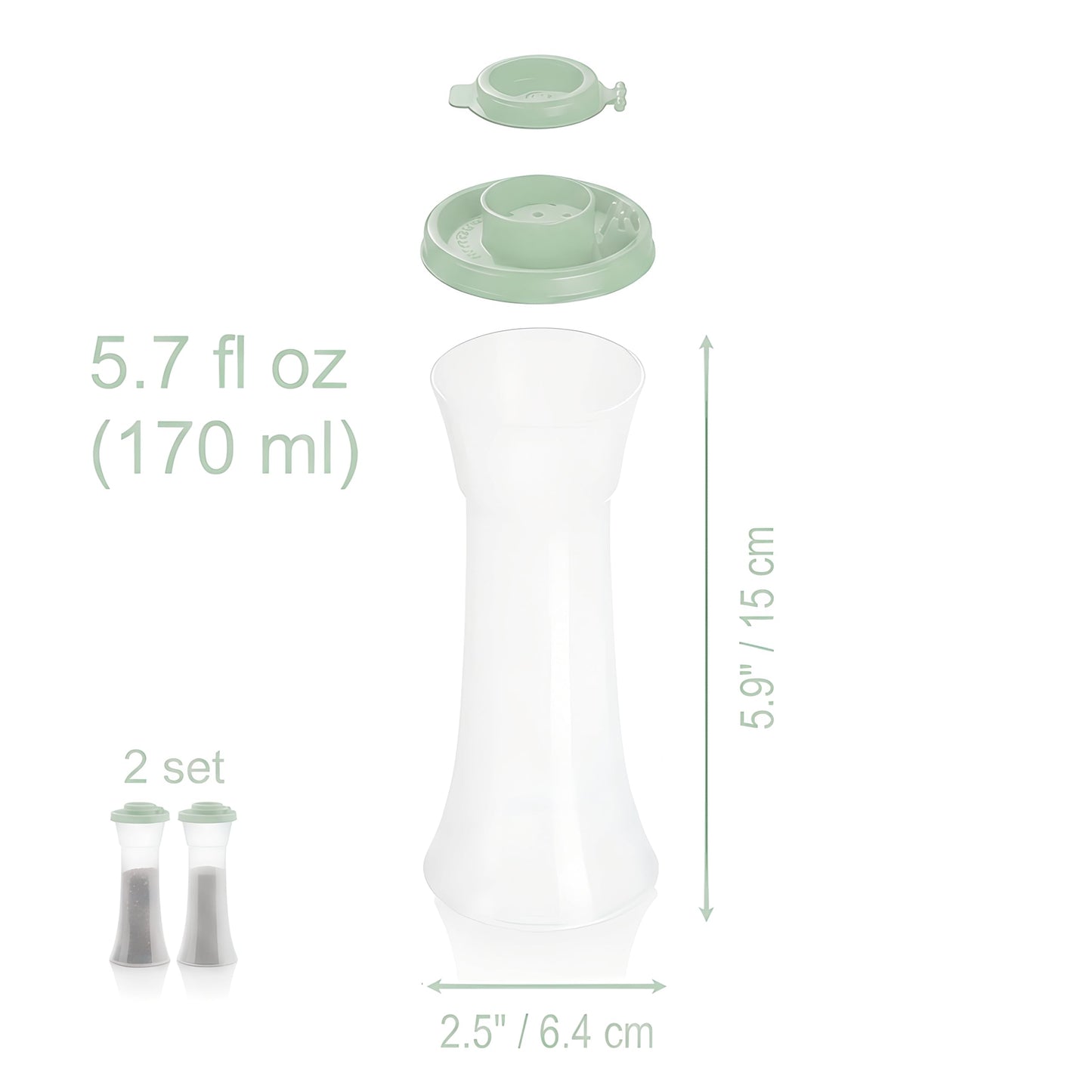 Tupperware Large Hourglass Salt and Pepper Shakers Clear Containers with Sage Green