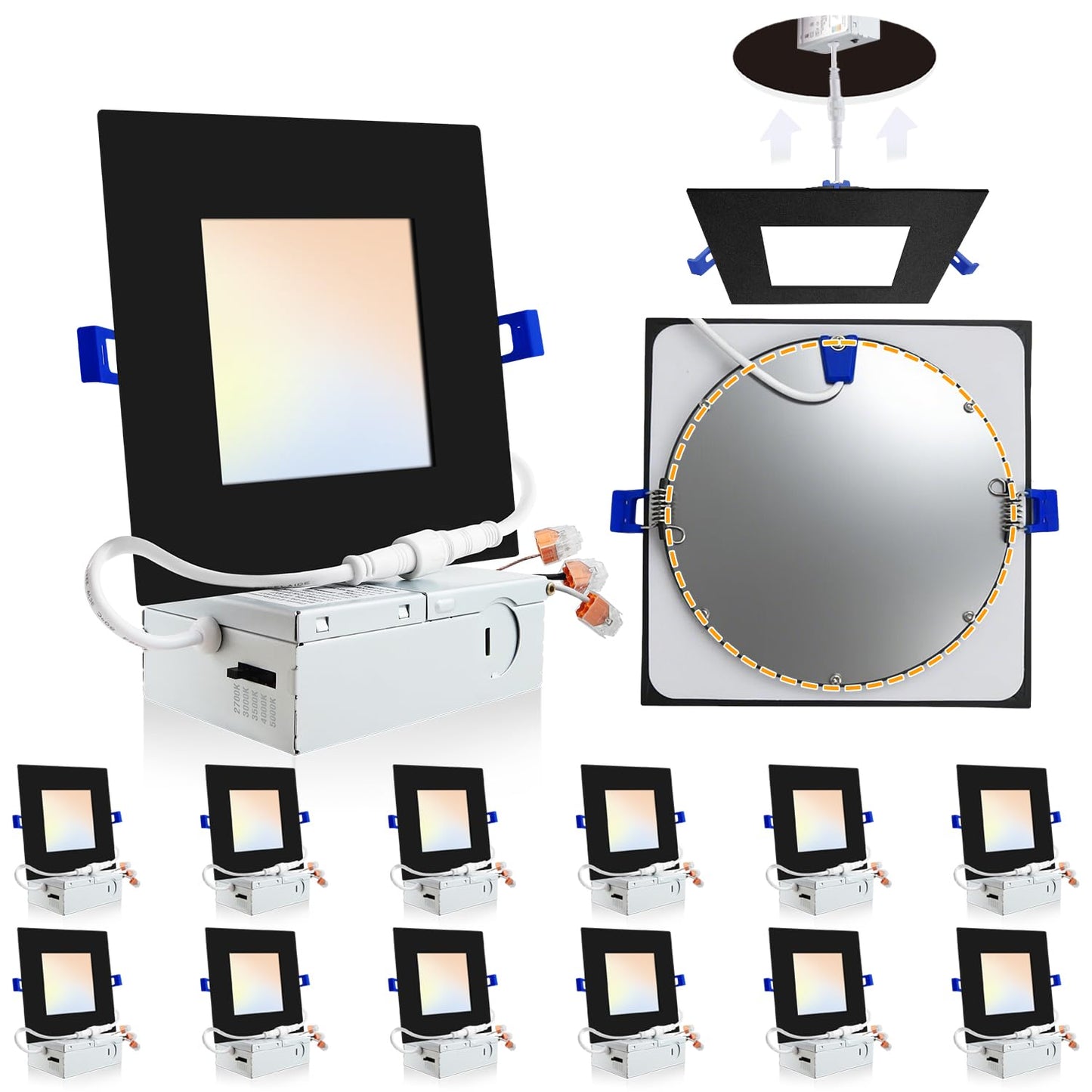 Adetu 12 Pack 6 inch Square Led Recessed Lighting,5CCT Ultra Thin Square Led Ceiling Light with Junction Box,14W 1190LM, CRI90, 2700K-5000K Selectable, Dimmable Canless Downlight, ETL and Energy Star