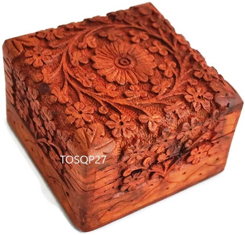 TOSQP27 Gift Jewelry Box Rosewood Hand-Carved Novelty Unique Trinket Case Jewellery – 4 Inch Wooden Travel Jewel Organizer Brass Inlay Velvet – Keepsake Birthday Aniversary Gifts for Women, Girls, Mom