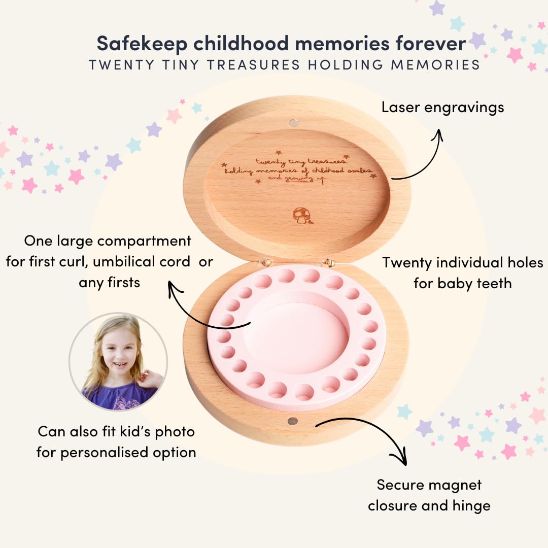 Little Shroomie Baby Tooth Keepsake Box – Wooden Beechwood Tooth Fairy Holder & Memory Capsule for First Tooth, Curl & Umbilical Cord – Unisex Boys & Girls Shower Gift Registry Must-Have (Pink)