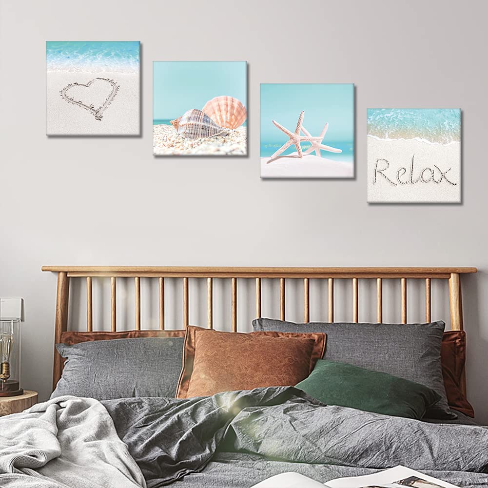 Artscope 4 Pieces Wall Art Canvas Prints - Seashell Starfish and Beach Picture Painting - Modern Wall Artwork Framed for Gifts Bathroom Home Kitchen Office Decor - 30 x 30 CM