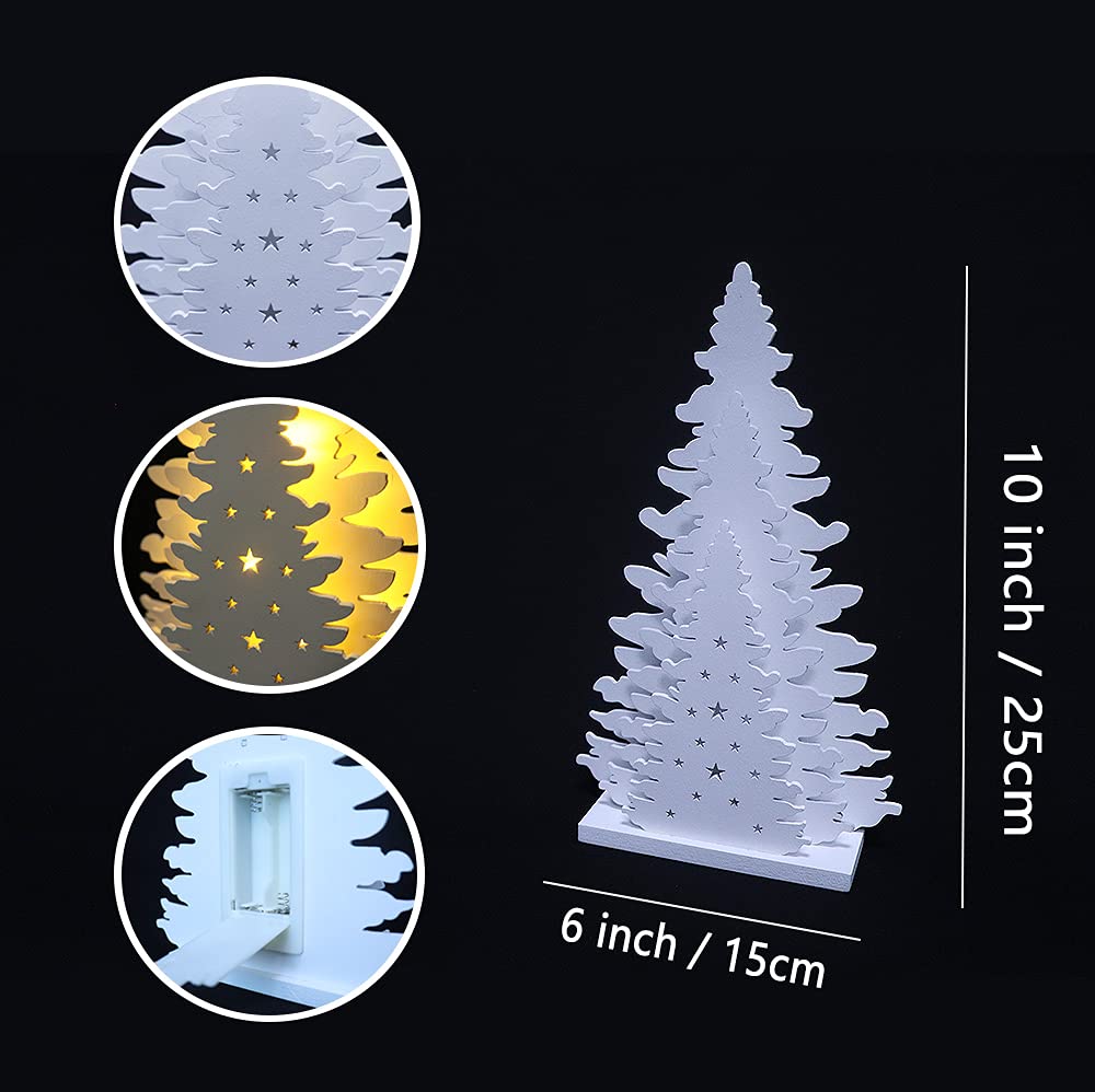 Supergorea Wooden Christmas Tree Tabletop Decor, LED Wood Craft Christmas Trees Light 2AA Battery Powered 10 inch for Xmas Home Decorations(Indoor)