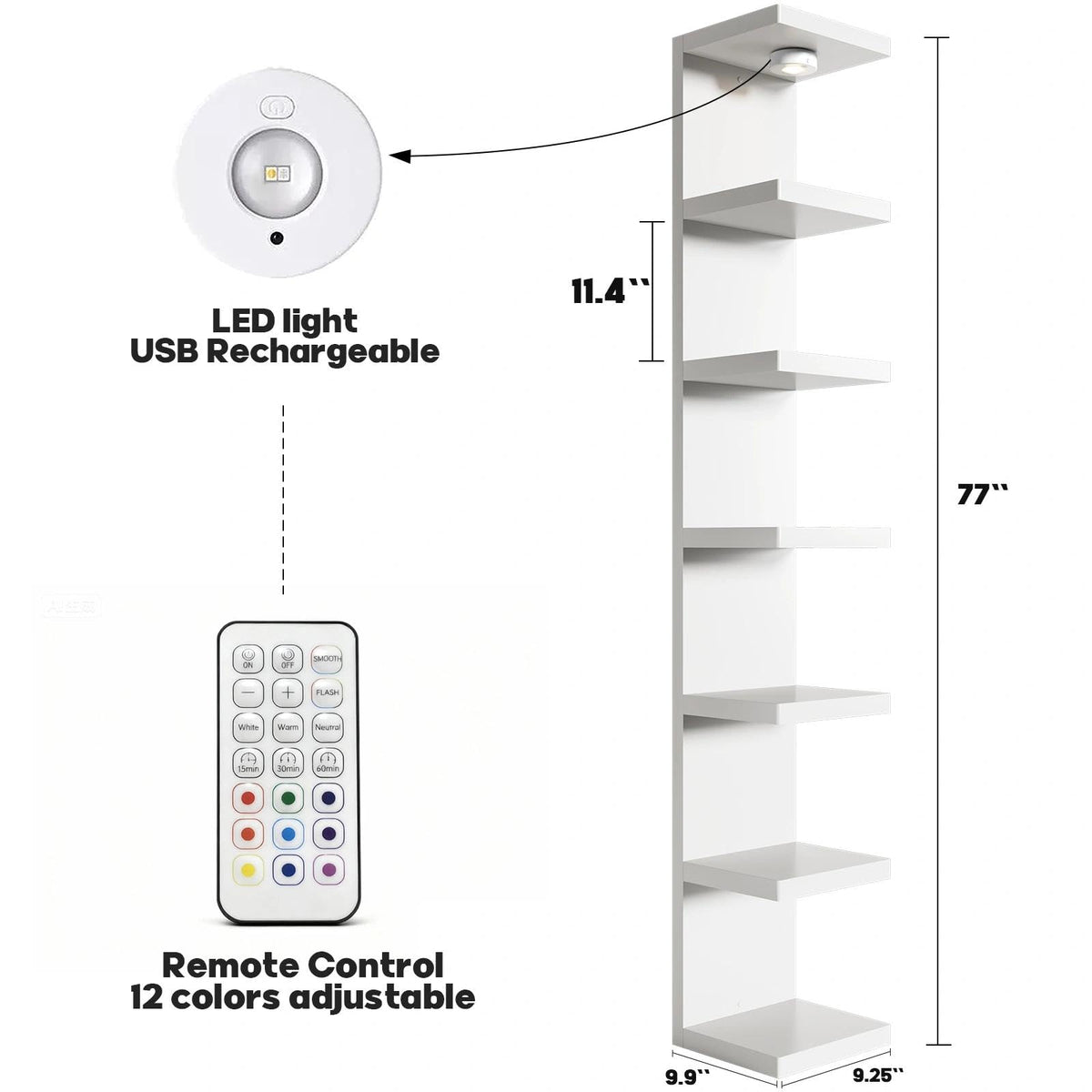 White 7-Tier Vertical Wall Shelf Unit with USB Rechargeable Led Light (Remote Controlled),Versatile Floating Display Shelves,Lack Style Wall Shelves for Bedroom,Living Room,Office Decor,Vanity