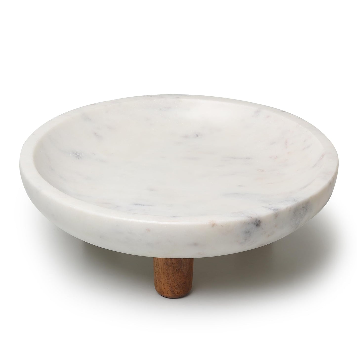 LAVAUK Marble Fruit bowl with three wood legs | 11.8 inch dia footed bowl for kitchen counter | Use as centerpiece for dining table, key bowl for entryway table, or potpurri/decorations (Large)