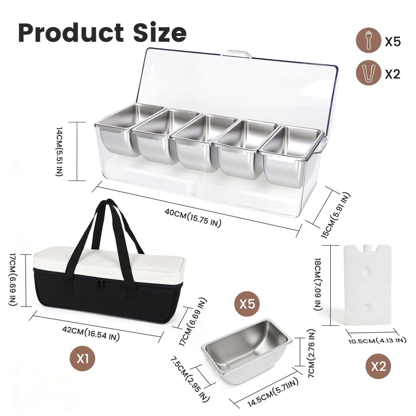 Mavolico Chilled Condiment Caddy with 5 Removable Stainless Steel Compartments, Includes Portable Insulated Tote Bag and 2 Ice Packs, Serving Tray for Picnic, Outdoor, Party and Travel