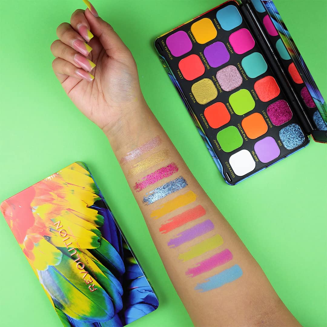 Revolution Beauty, Forever Flawless Eyeshadow Palette, 18 Pigmented Shades, Vibrant Pressed Powder Mattes, Shimmers, Glitters, Bird of Paradise, 15 X 0.04 Oz.