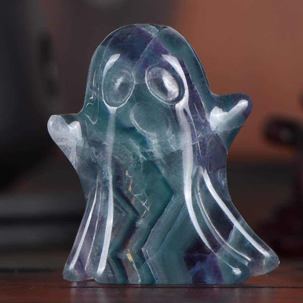 Artistone Rainbow Fluorite Crystal Ghost Statue 2.0 inch Ghost Figurine Natural Hand Carved Gemstone Statue Halloween Carnival