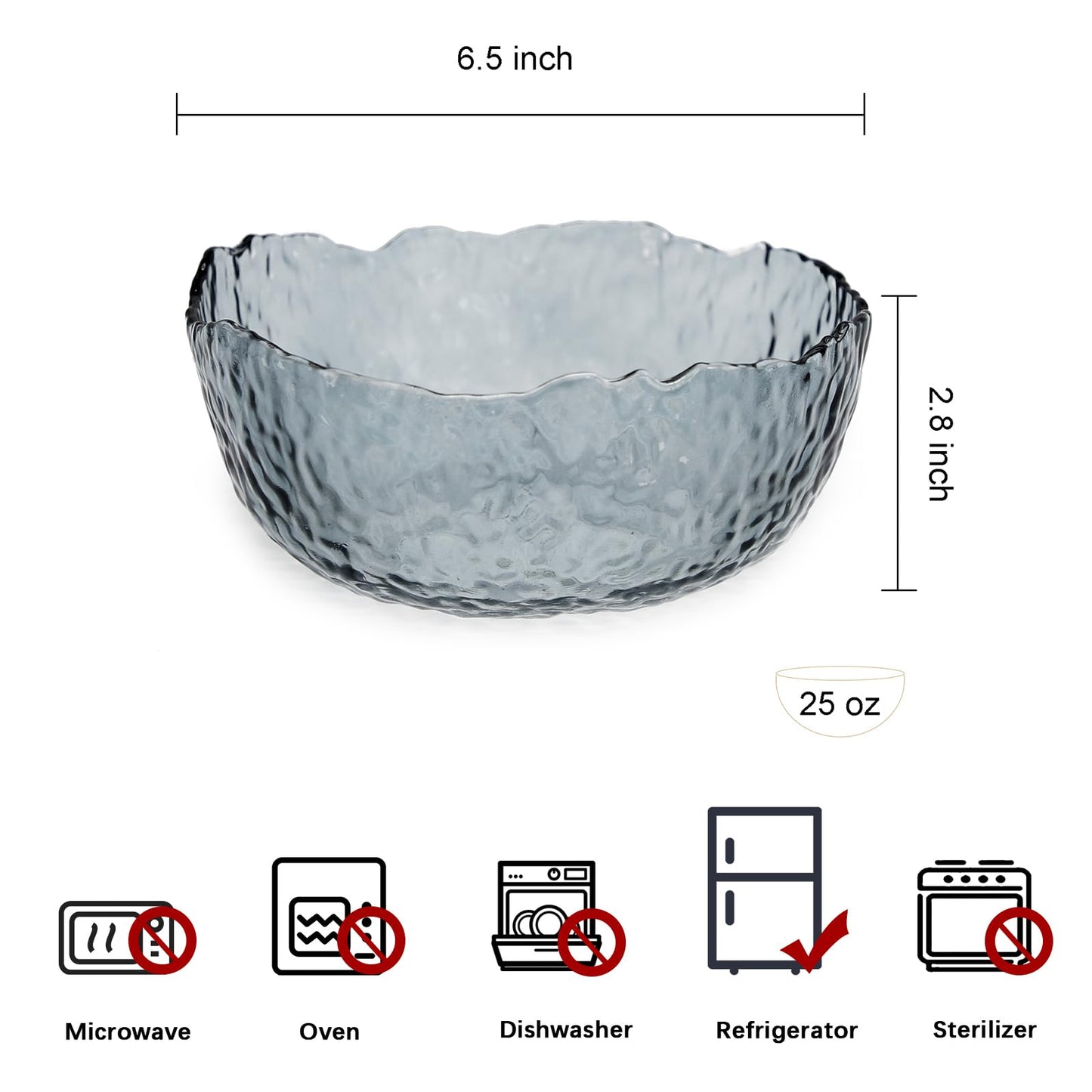 TOSSOW Glass Salad Bowl Irregular Shape Serving Bowls, 25 oz Pyrex Mixing Bowls for Kitchen Prep, Fruit, Snack, Dessert, and Candy Dishes or Nut Bowls(Grey)