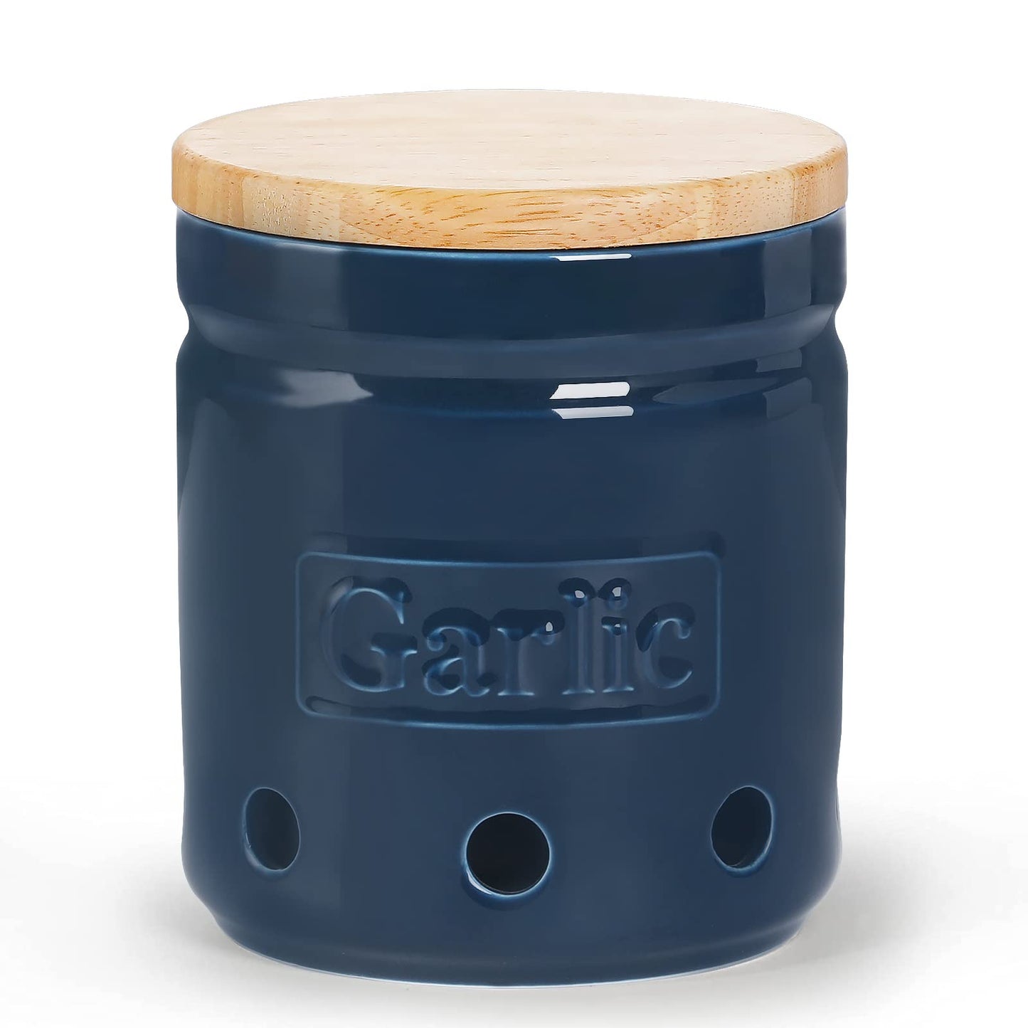 ONTUBE Garlic Keeper with Wooden Lid, 4.5-Inch Ceramic Garlic Holder 24oz (Navy)