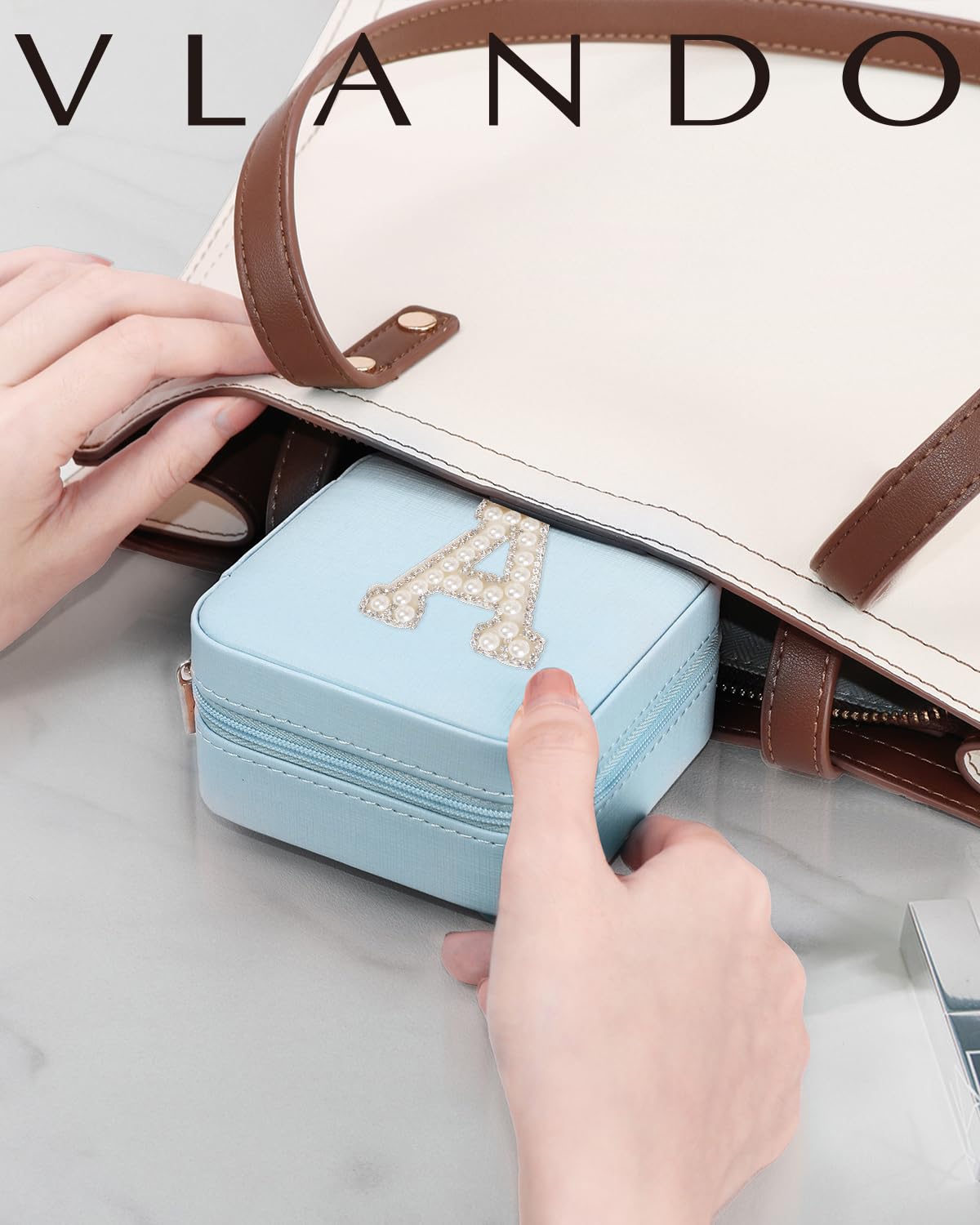 VLANDO Travel Jewelry Box for Girls Women, Initial Jewelry Organizer Box Travel Must Haves Jewelry Case for Girls, Travel Necklace Earrings Ring Box for Daughters, Valentines Gift - Letter S, Blue