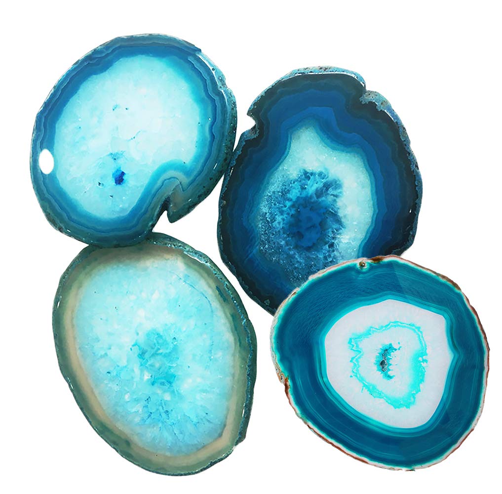 AMOYSTONE Teal Agate Coasters for Drinks - Set of 4 Geode Crystal Quartz Rock Slices With Rubber Bumpers 3-3.5"