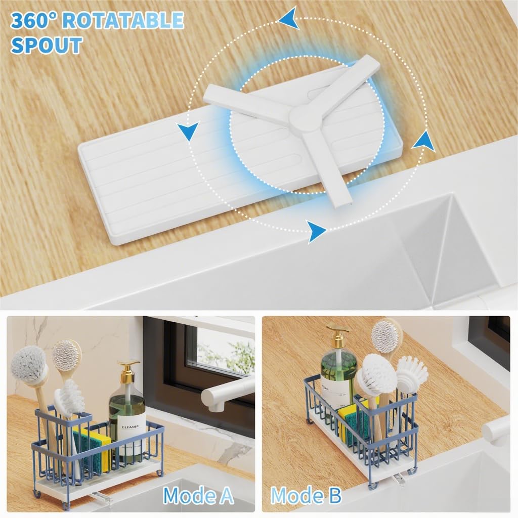 Cisily Sponge Holder for Kitchen Sink, Sink Caddy Organizer with High Brush Holder, Kitchen Countertop Organizers and Storage Essentials, Rustproof 304 Stainless Steel (Gray Blue, 9.25″)