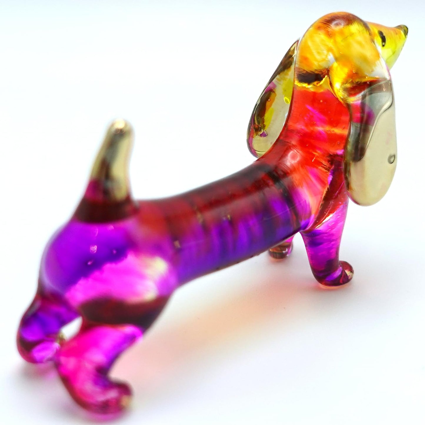 Sansukjai Dachshund Miniature Figurines Dog Animals Hand Blown Glass Art Gold Trim Collectible Gift Decorate (Pink Yellow)