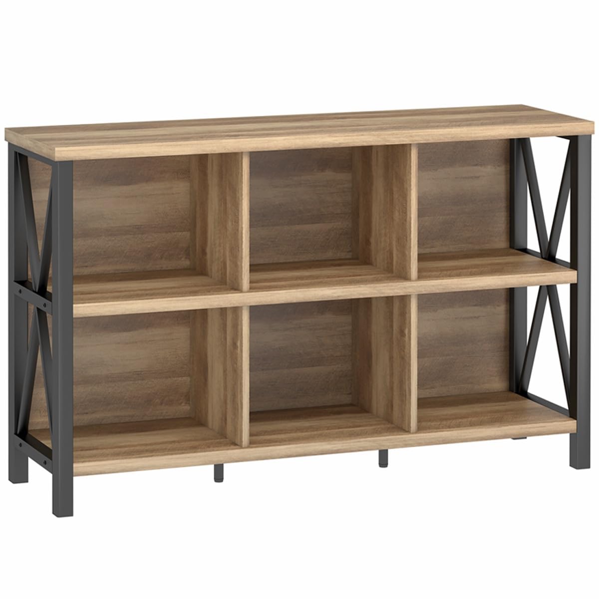 FATORRI 6 Cube Storage Organizer with Shelf, Long Wood and Metal Cubby Bookcase, Industrial Horizontal Bookshelf (Rustic Oak, 47 Inch)