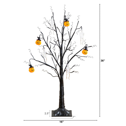 Nearly Natural 3ft Pre-Lit Halloween Pumpkins Skulls Ornament Tree with 48 Warm White LED Lights