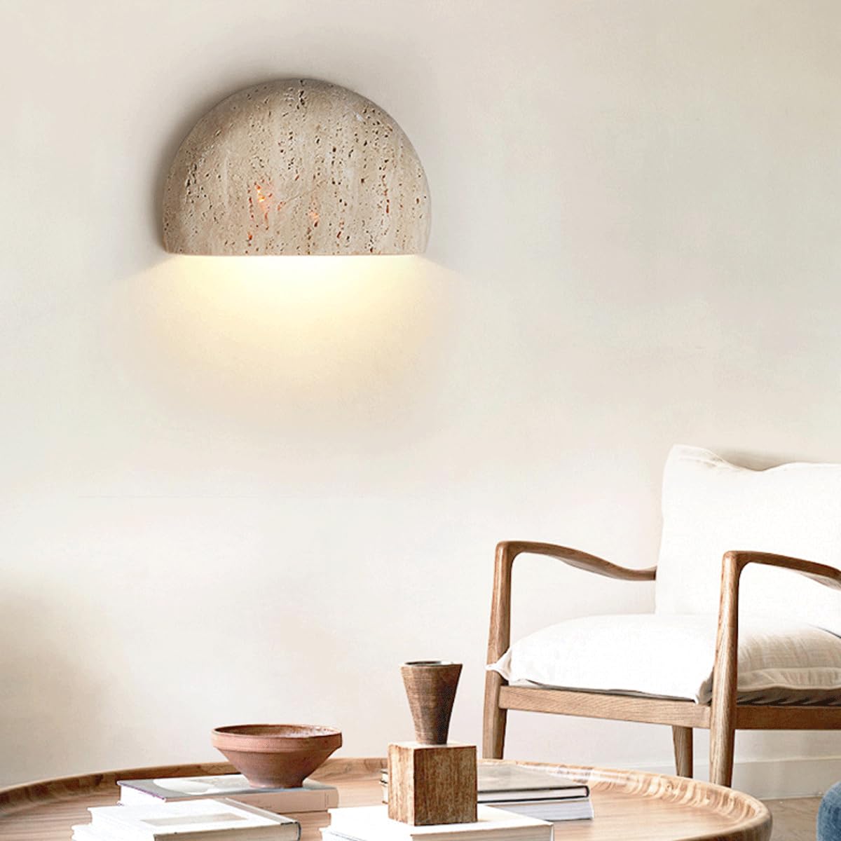 ZHUXMF Semi Circle Yellow Travertine Wall Lamp Japanese Style Wabi-Sabi Art Lighting Fixture Half Moon Marble Wall Sconce Natural Stone Bedside Wall Light For Foyer Bedroom Stairs