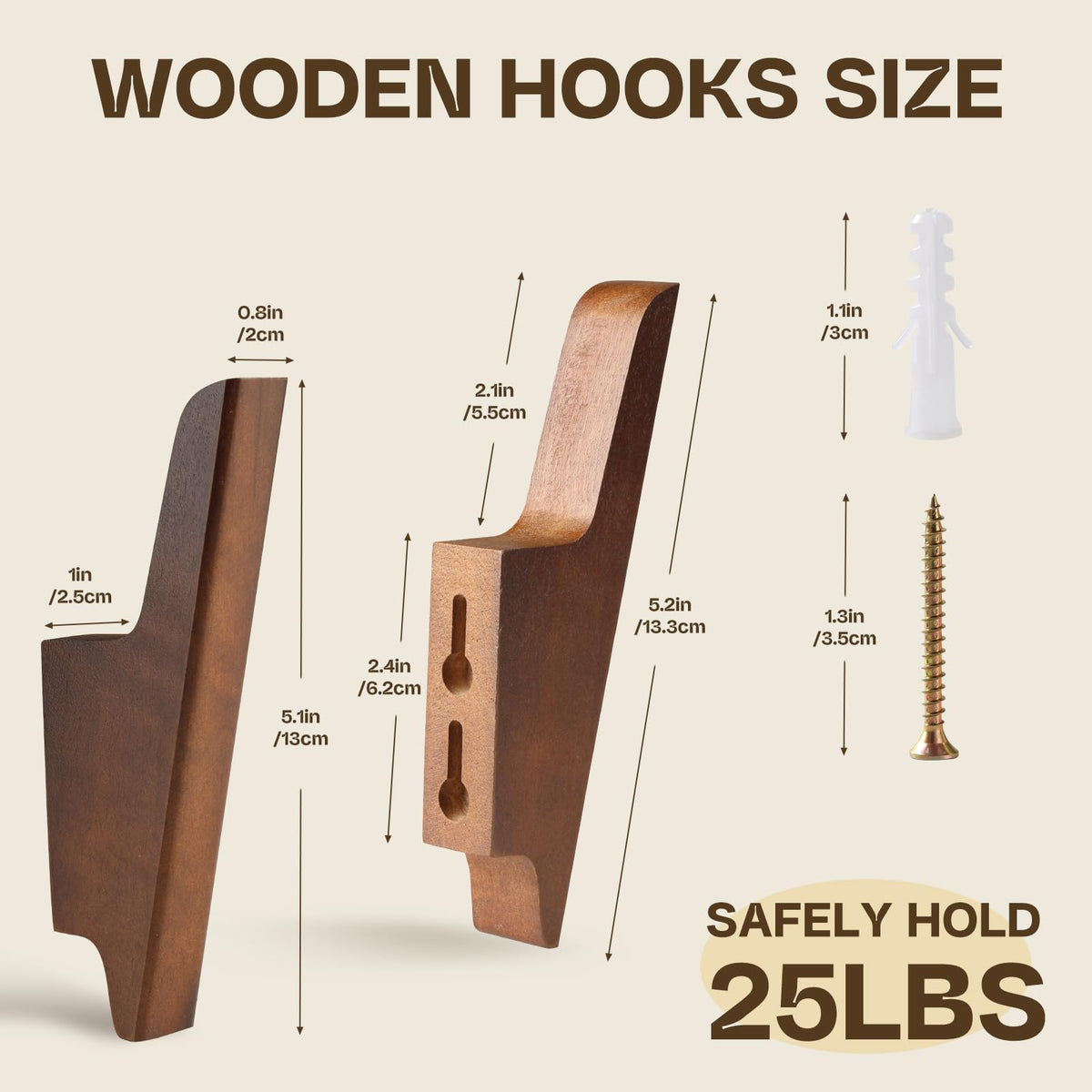 CRSWHA Natural Wood Coat Hooks,4 Pack Wall Mounted Wooden Hat Hook,Rustic Decorative Backpack Holder for Entryway,Heavy Duty Towel Hooks for Hanging Coats, Bag,Hat,Purse(Walnut)