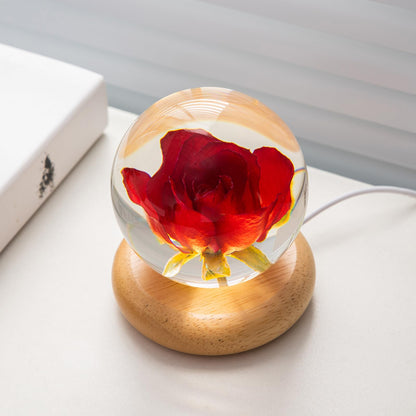 DEALFUN Real Flower Crystal Ball Night Light, Preserved Botanical Resin Sphere with Warm LED Wooden Base, Artistic Floral Lamp, Aesthetic Decor, Eternal Flower Gift for Women, Mom, Her (Rose)