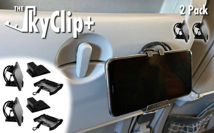 The SkyClip+ Phone & Tablet Holder for Air Travel, Home and Office Use - Inflight Phone Mount & Stand Compatible with iPhone, Android, Kindle and Tablets - Travel Accessory (Black & Black, 2 Pack)