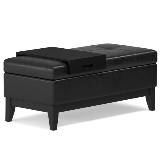 SIMPLIHOME Oregon Storage Ottoman Bench with Tray - 42 inch Wide Upholstered Vegan Leather Rectangle Ottoman Bench in Distressed Black, Transitional Tufted Ottoman for Living Room with Lift-Up Lid