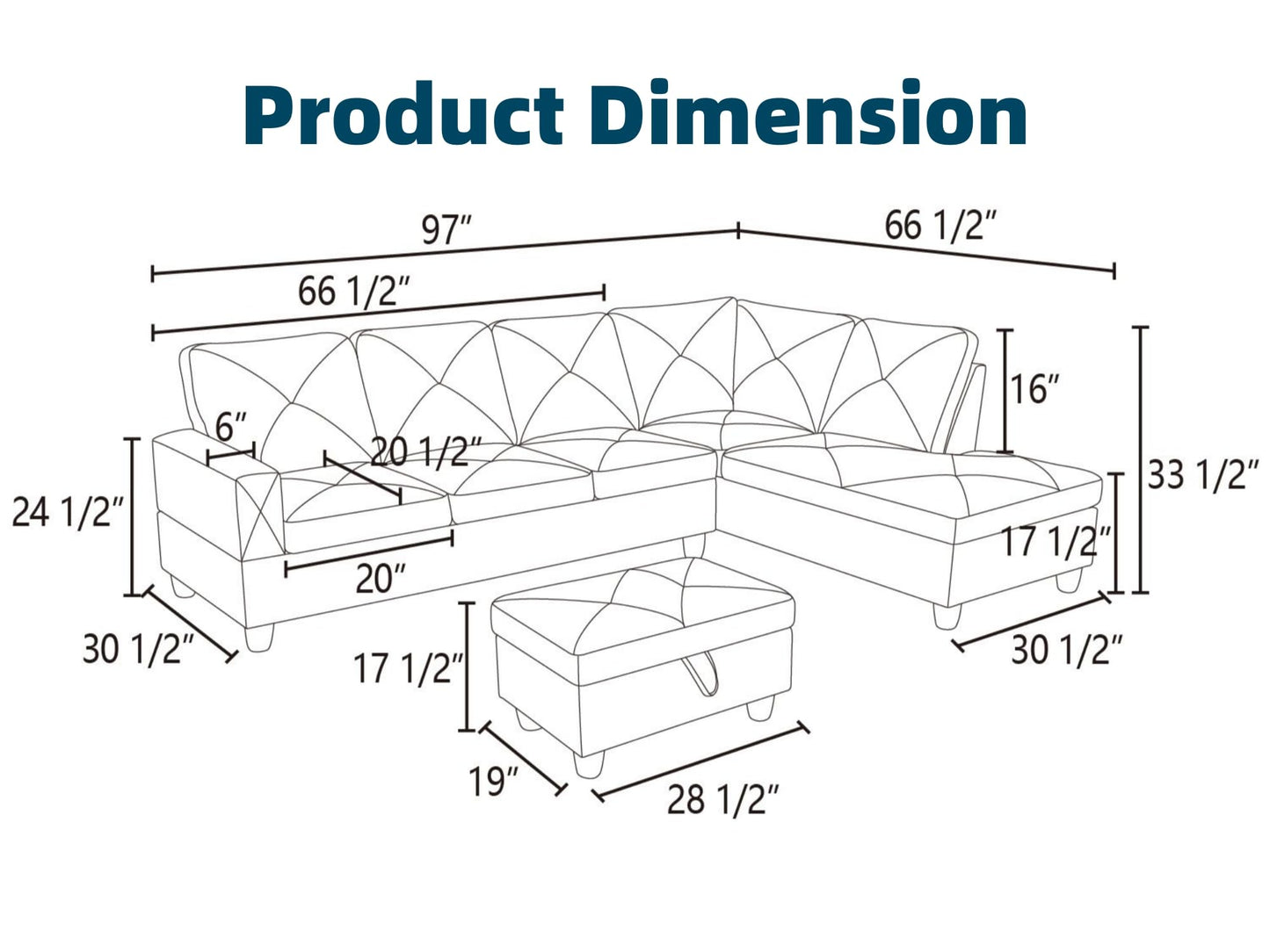 Topcomfy 97.5" L Shaped Couch Set, Modular Sectional Couches for Living Room with Storage Ottoman, 4 Seat Home Sofa Living Room Furniture Sets with Chaise for Apartment Office (Faux Leather, Black)